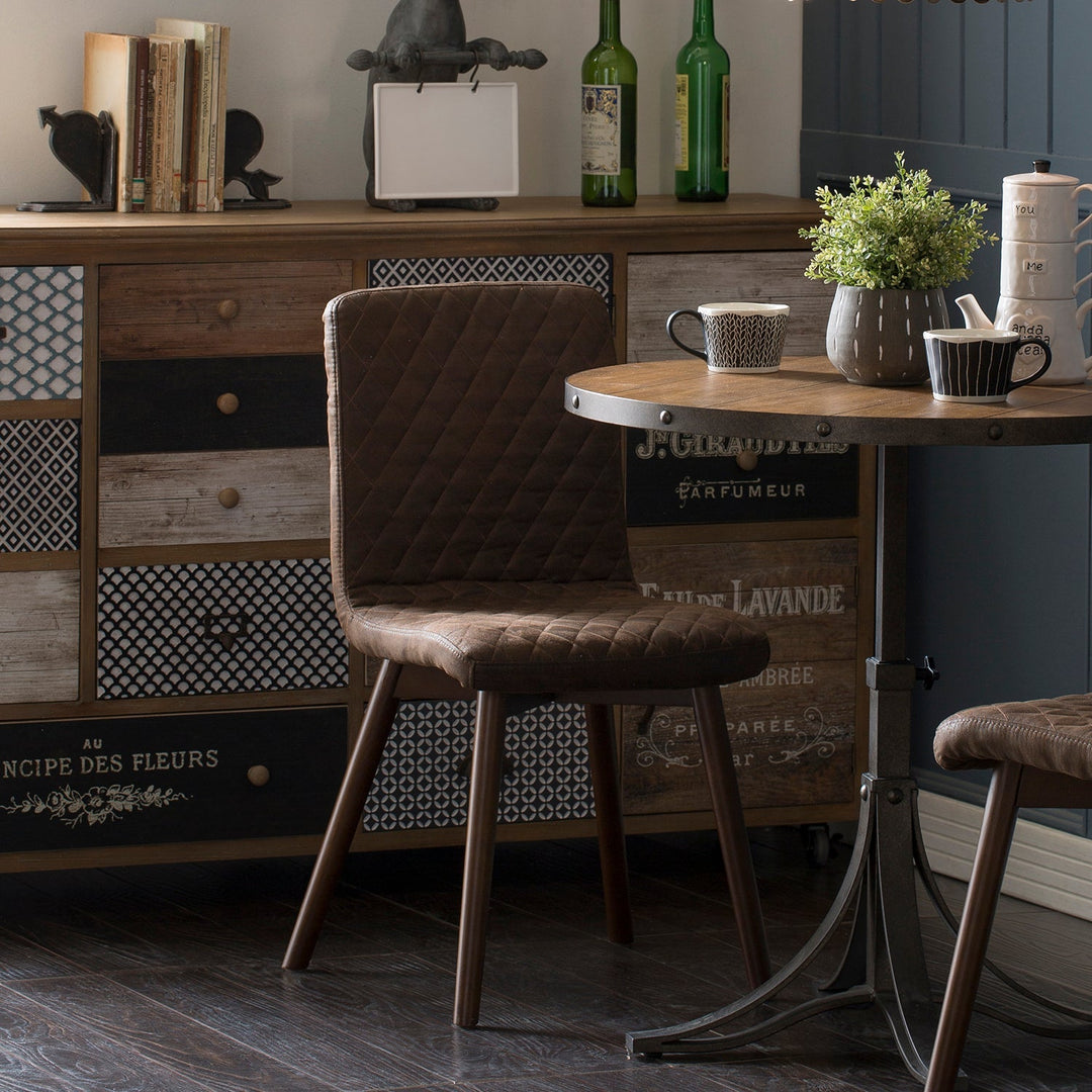 LoftHome vintage chairs with quilted upholstery and wooden legs, offering a classic yet stylish touch to your dining or reading space, ideal for nostalgic decor themes.