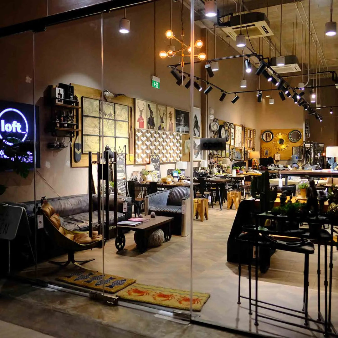 Featured in Loft Home's all furniture collections: Interior view of a stylish and modern furniture store, showcasing a variety of home decor and furnishings.