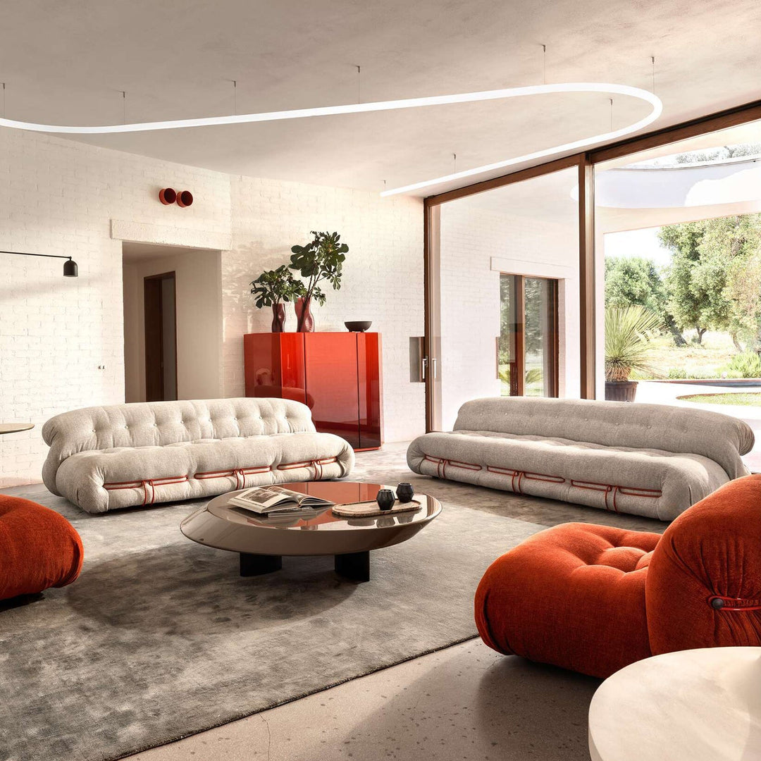 Contemporary boucle fabric 1 seater sofa soriana in close up details.