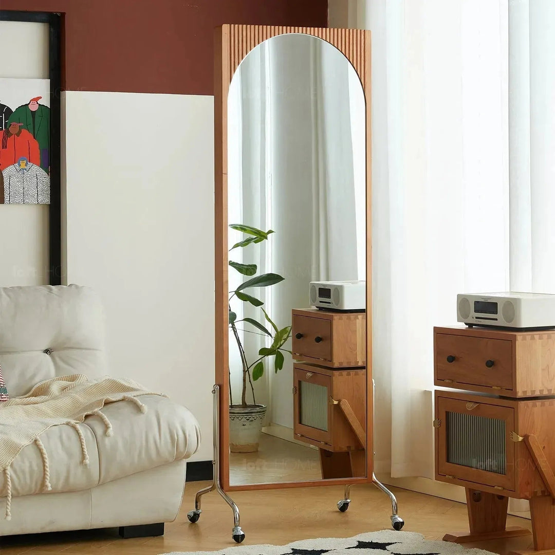 Scandinavian cherry wood bookshelf with mirror seeker primary product view.