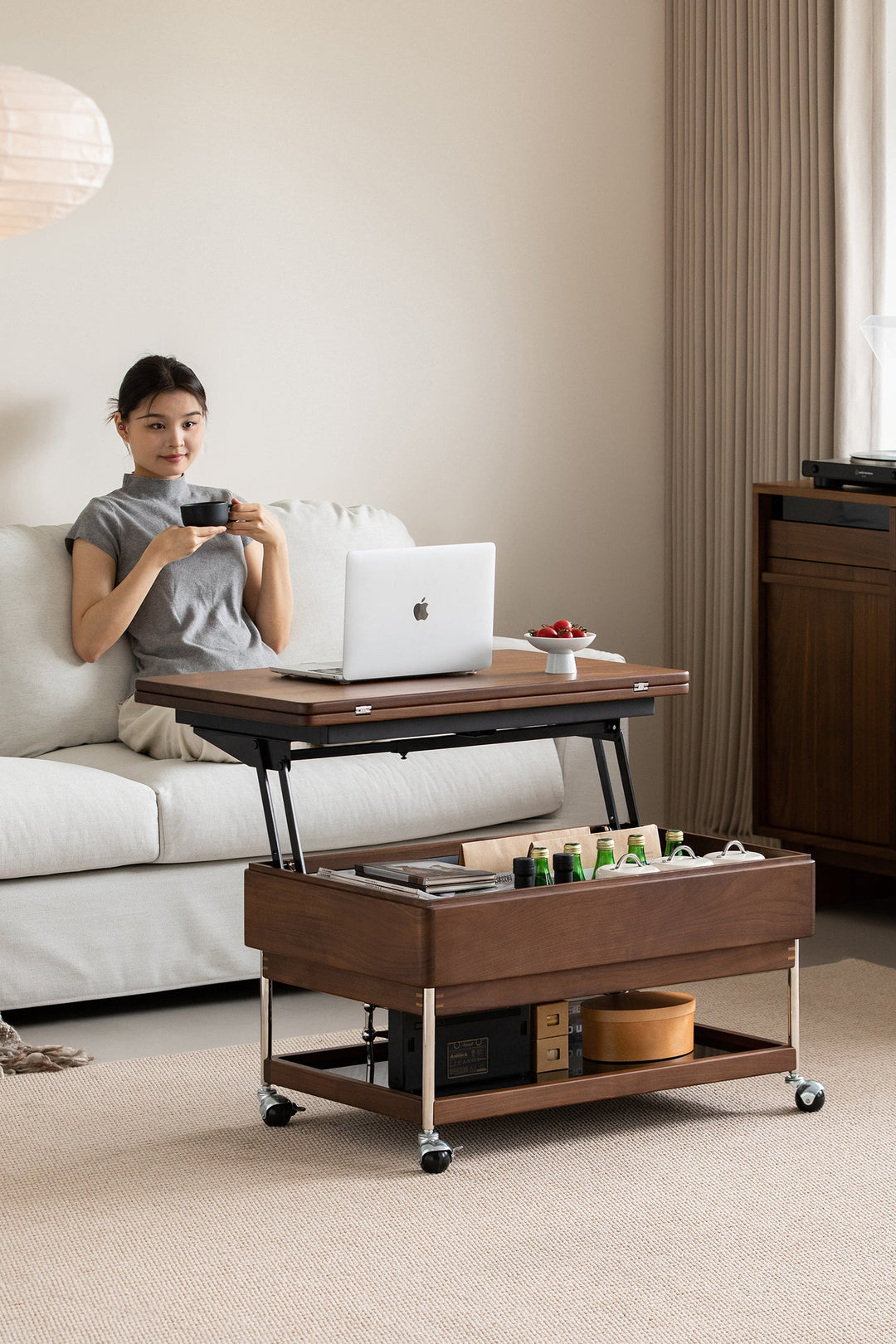 Wabi-sabi premium lift-top wooden coffee table with hidden storage, styled in a cozy modern living room, adding functional beauty to Singapore homes