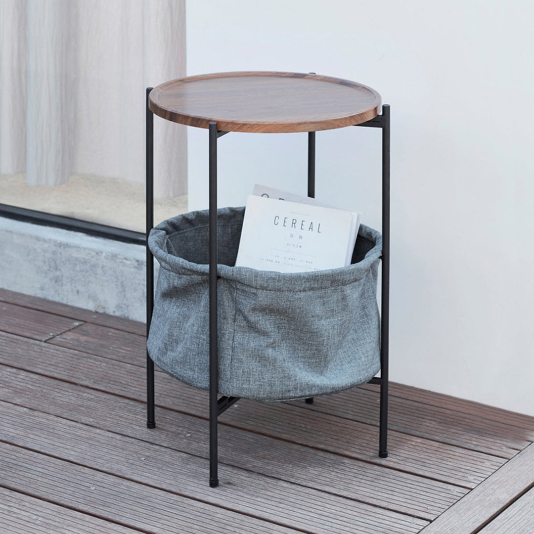 Loft Home basket table with a round wooden top and fabric storage basket, perfect for organizing essentials in the Basket Tables collection.