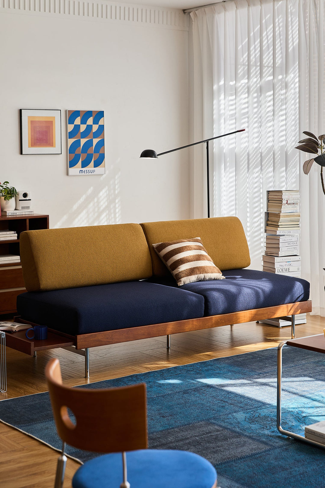 Modern Bauhaus sofa in a sunlit living room, made for relaxed seating and contemporary US home styling.