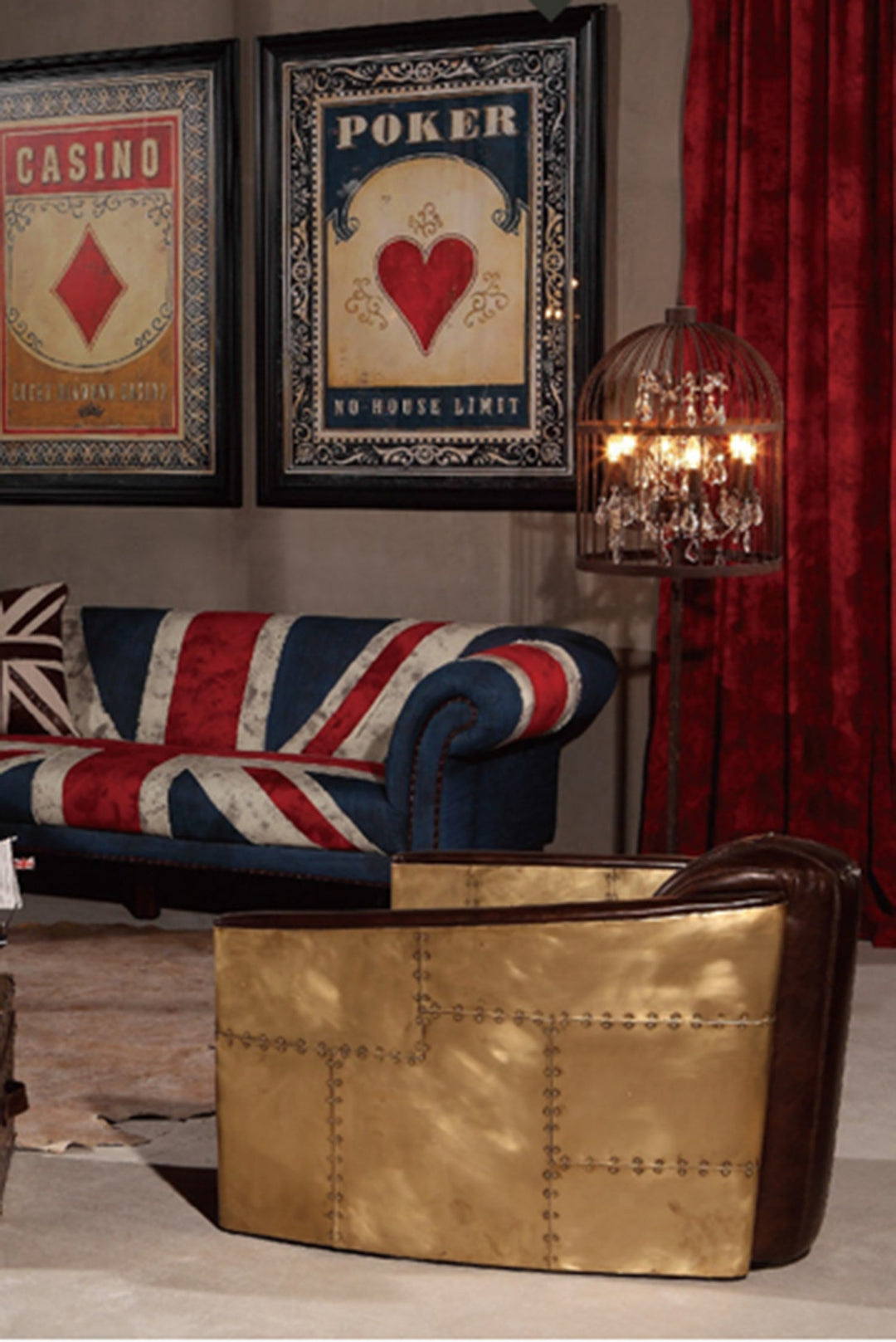 Vintage brass sofa with leather accents in an eclectic lounge room, designed for statement living spaces and modern US homes.