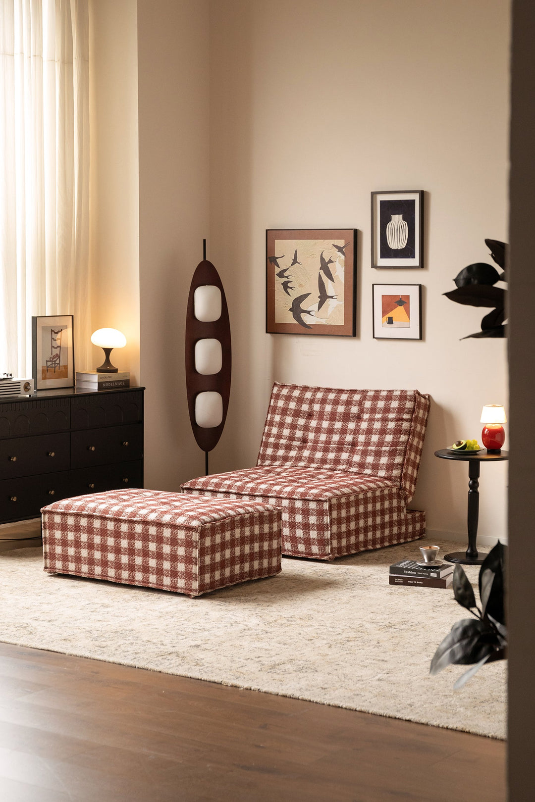 Compact checkered sofa and ottoman for US homes, designed for small apartments, reading corners, bedrooms, and cozy lounge spaces.