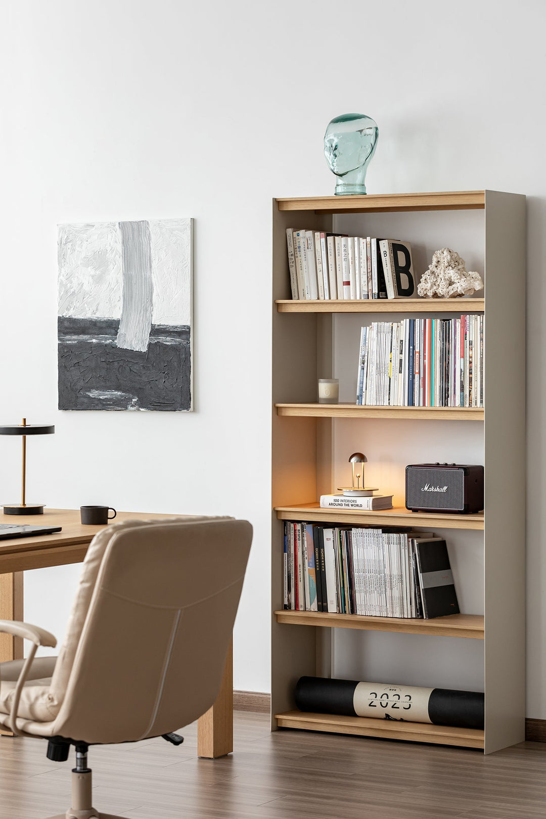 Minimalist premium wooden bookshelf styled in a clean modern home office, offering organized storage and warm elegance for Singapore living spaces.