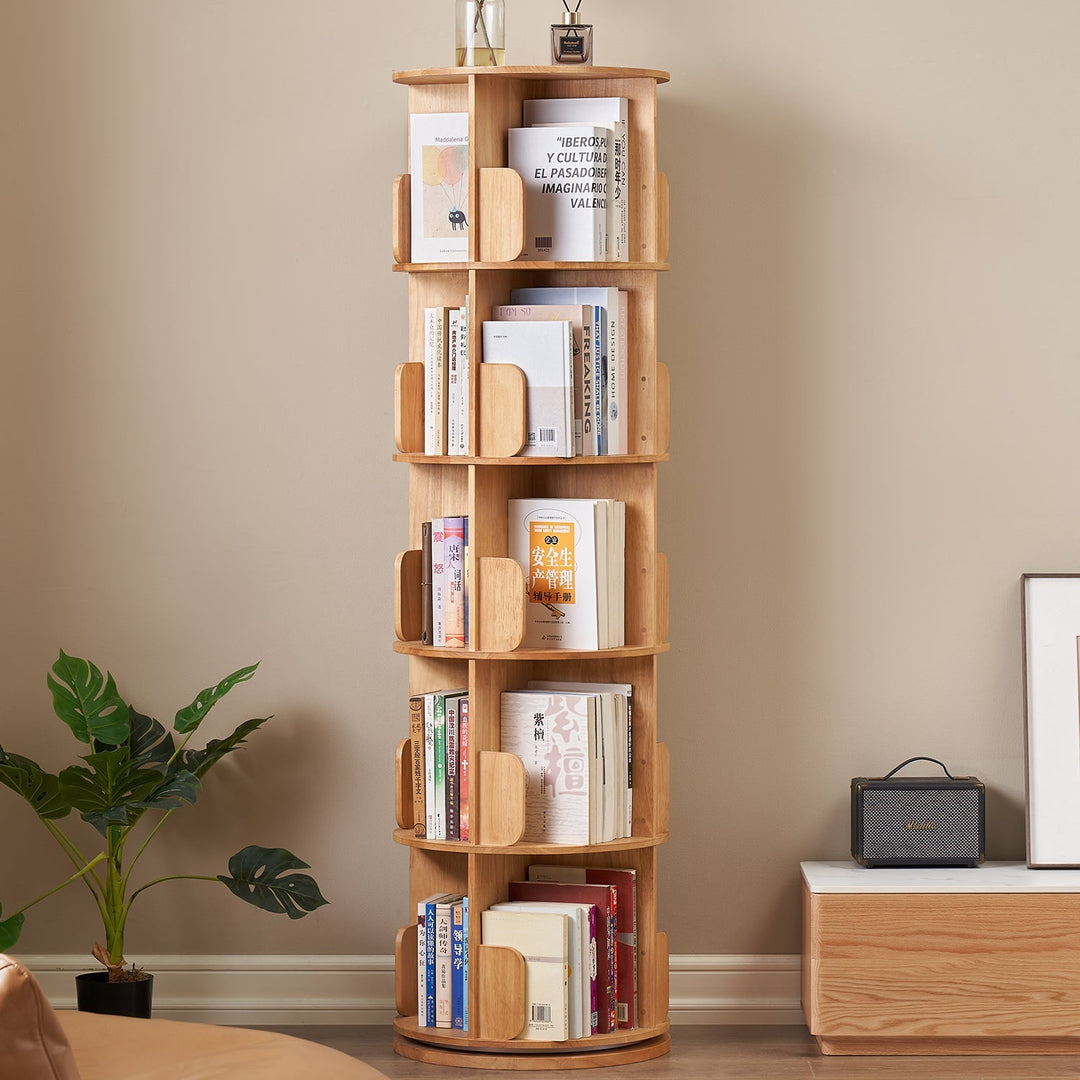 Space-saving revolving wooden bookshelf with a 360-degree rotation design, perfect for organizing books and decor in compact spaces, adding a functional and stylish touch.