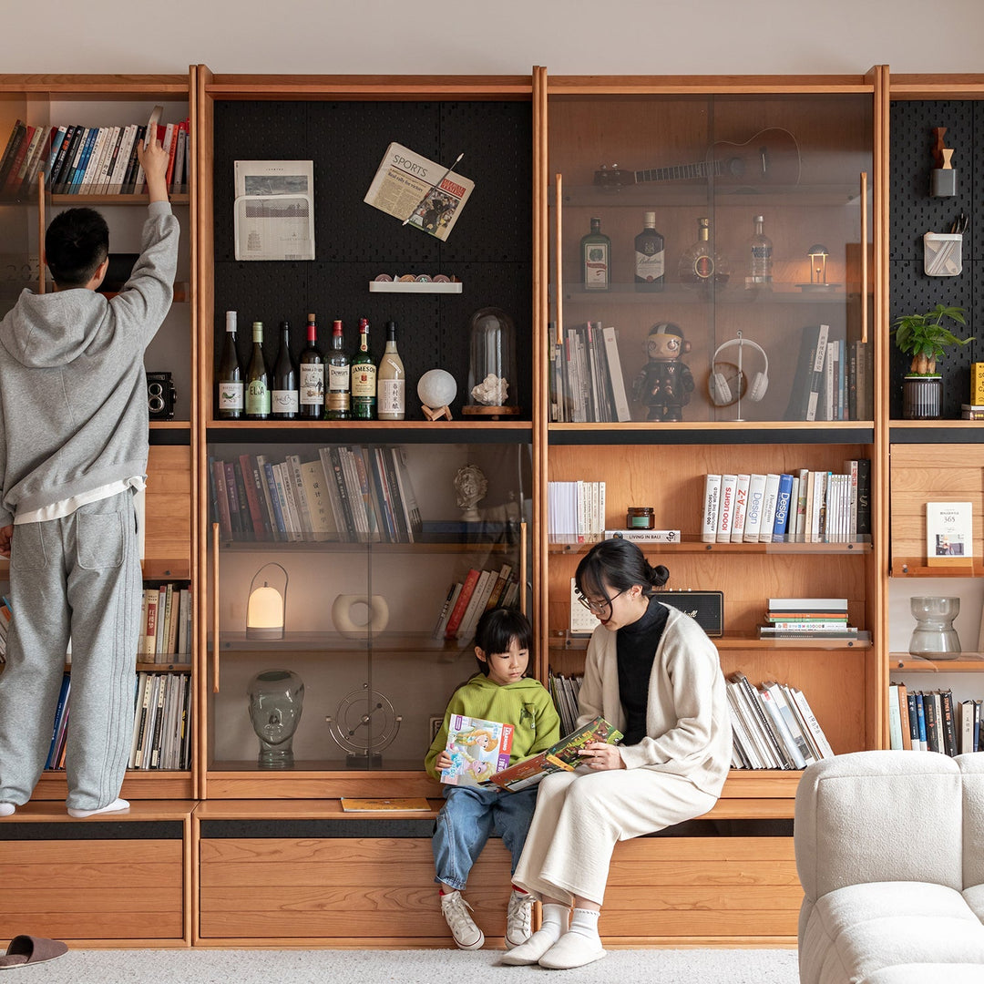 Scandinavian cherry wood bookshelf story material variants.