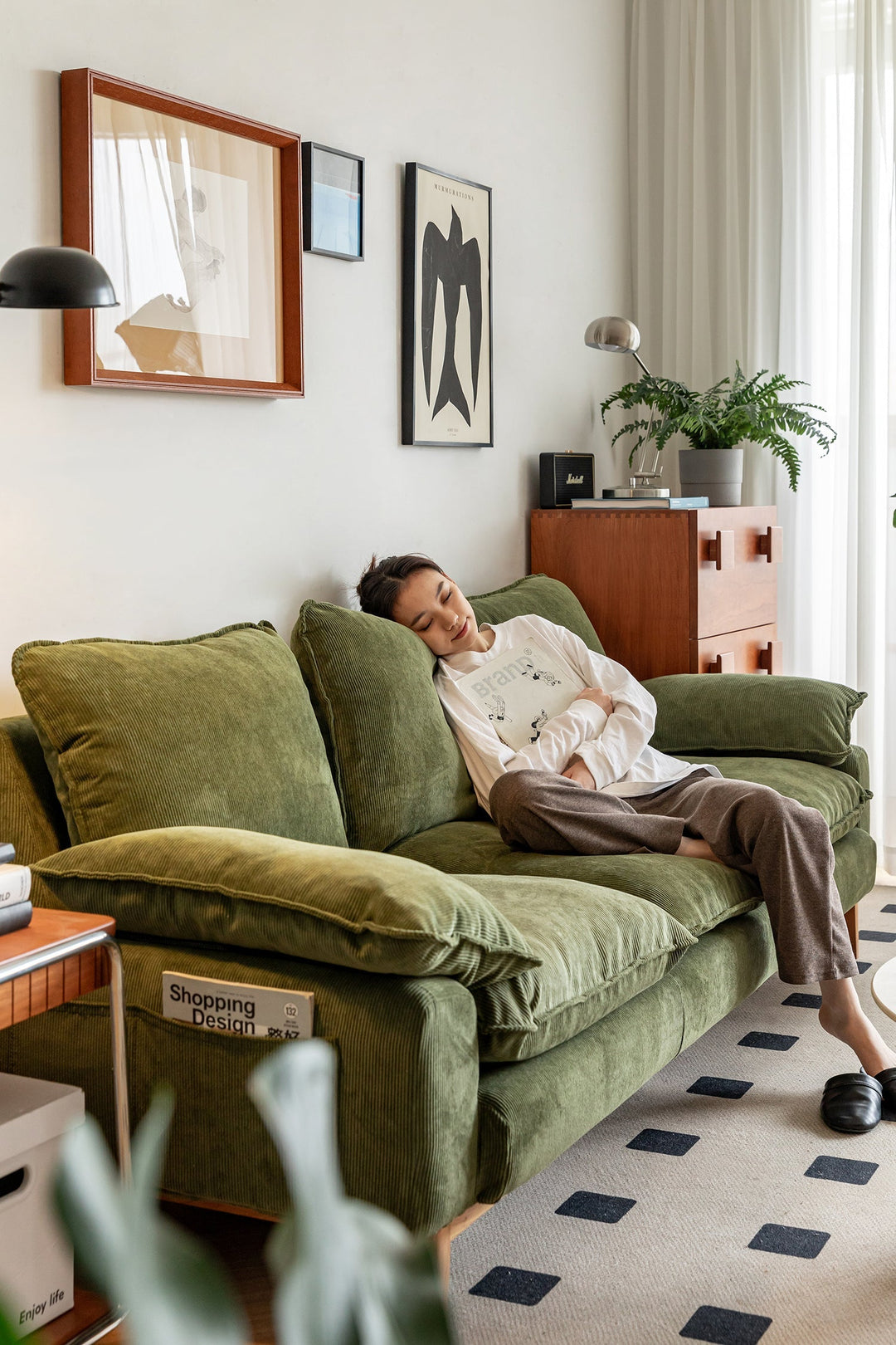 Olive green corduroy 3-seater sofa with deep cushions, styled in a cozy modern living room for ultimate lounging comfort and relaxed home vibes.