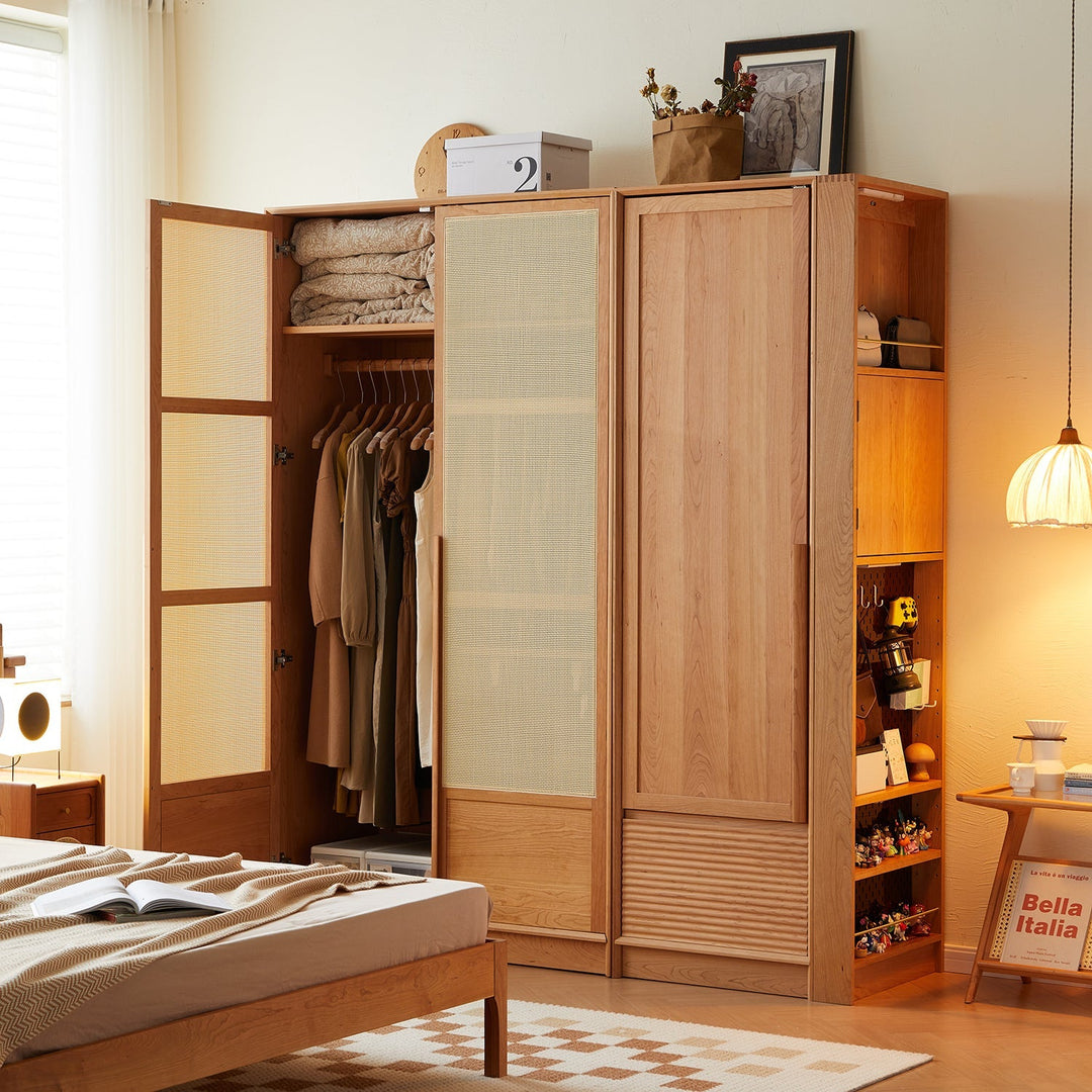 Scandinavian wooden wardrobe with sliding and swing doors, featuring hanging rods and shelving, a stylish solution for minimalist bedroom storage.
