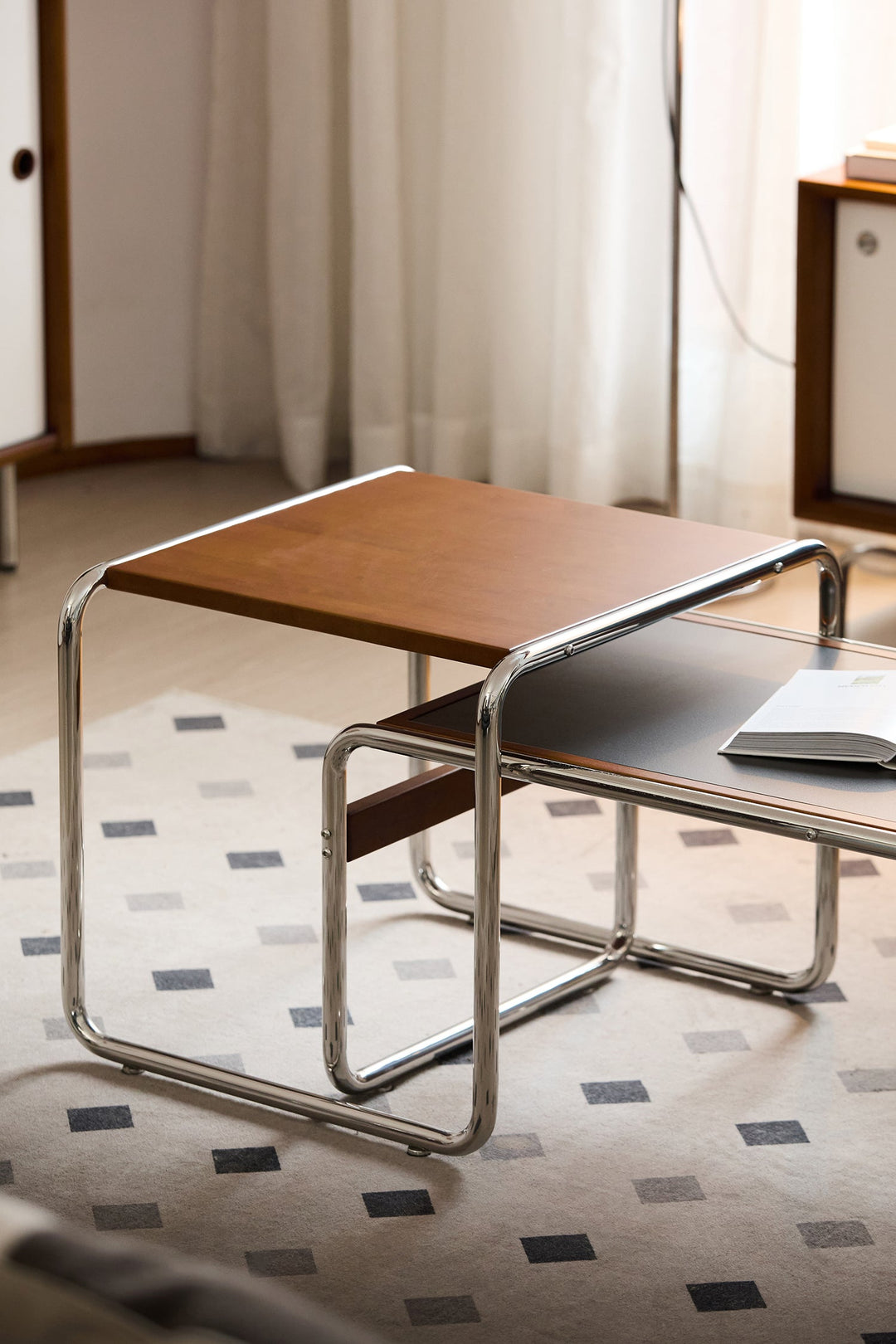 Stackable wooden tables with chrome frame, styled for US apartments, living rooms, small spaces, and flexible home layouts.