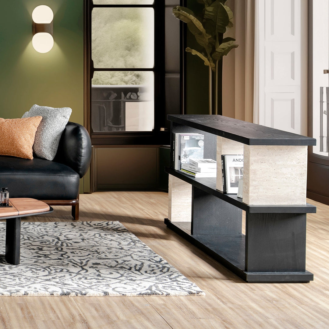 Loft Home travertine stone storage console with sleek black accents, offering modern functionality and a sophisticated touch to contemporary living spaces.