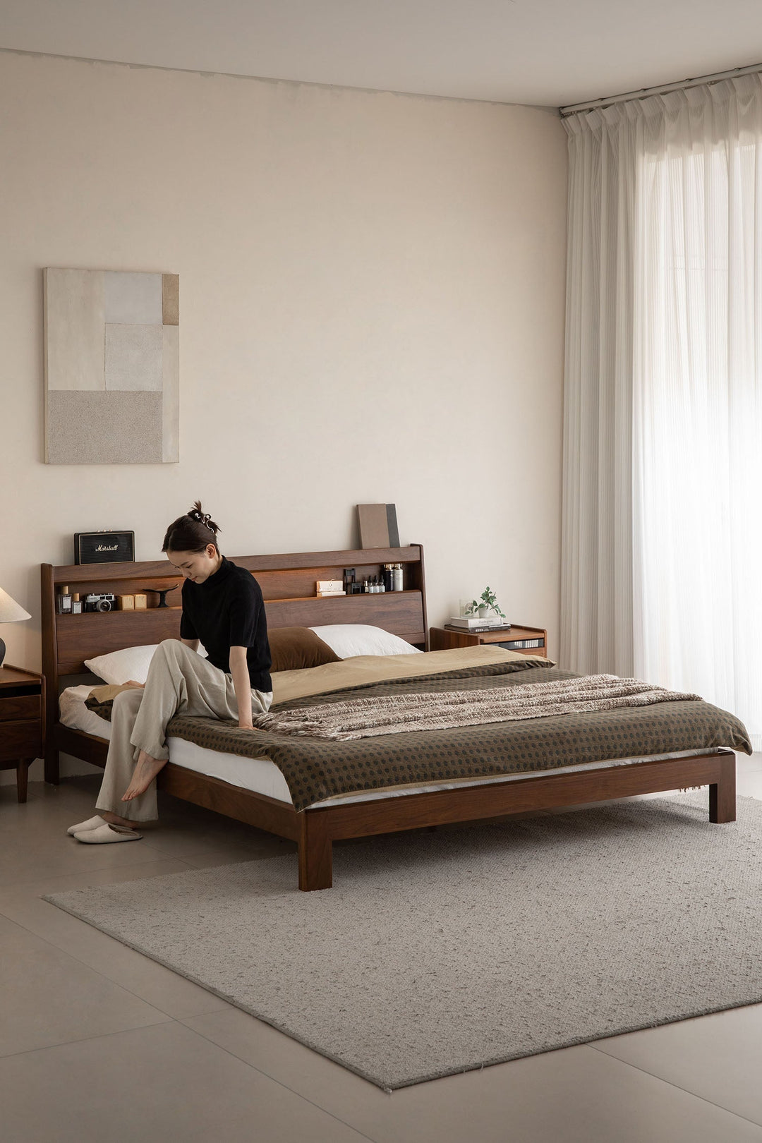 Wabi-sabi premium solid wood bed with built-in headboard storage, styled in a serene minimalist bedroom, adding natural warmth to Singapore homes.