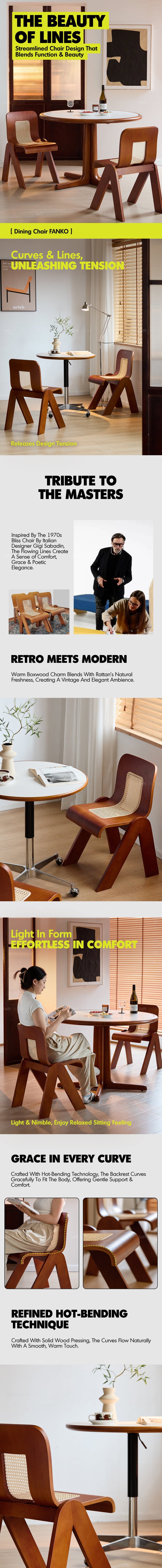 Tall furniture feature infographic showing a curved wooden dining chair in a warm dining room with the headline “The Beauty of Lines”.