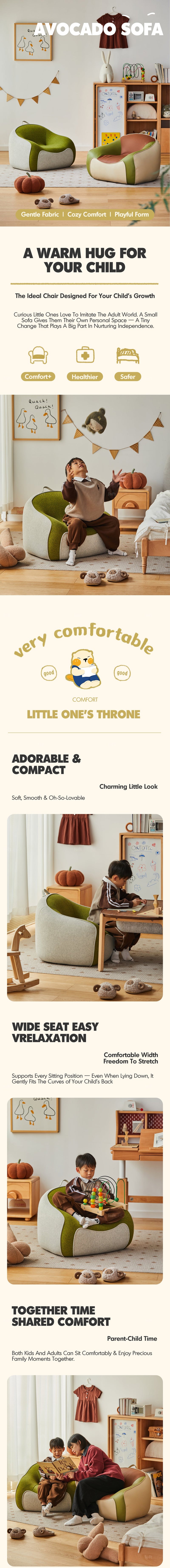 Avocado sofa feature infographic showing a rounded green-and-cream children’s sofa in family living spaces.