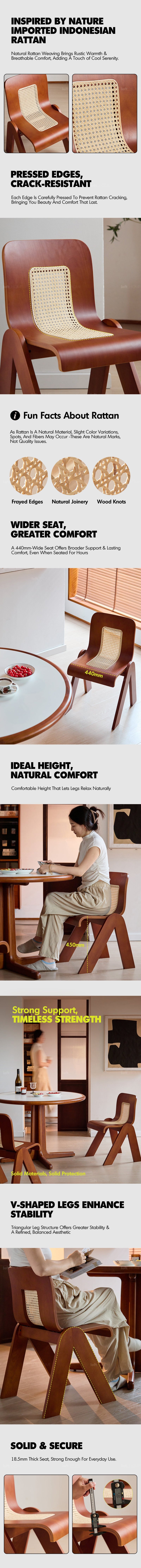 Furniture feature infographic showing a sculptural wooden chair with close-ups of its curved back, seat, and frame.