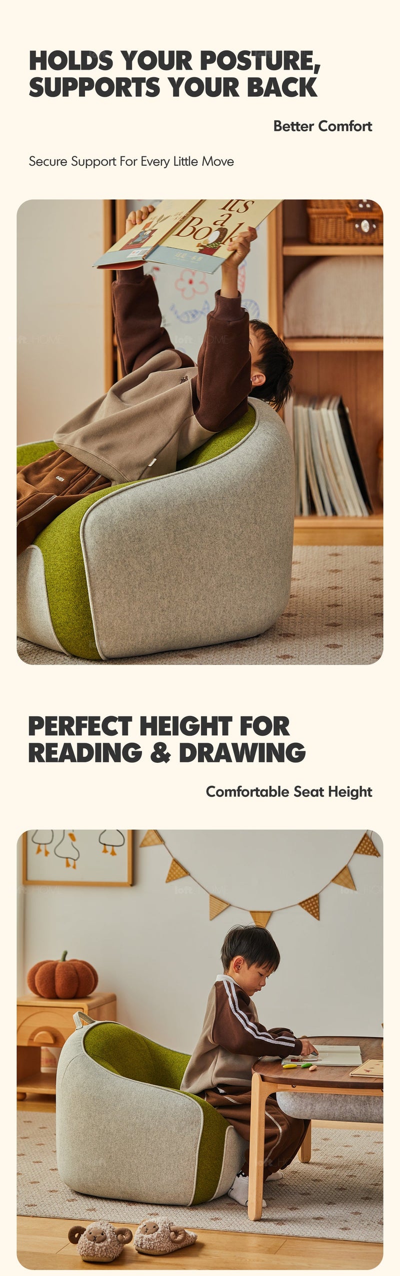 Avocado sofa infographic highlighting back support and child-friendly seat height with children using the rounded green-and-cream sofa.