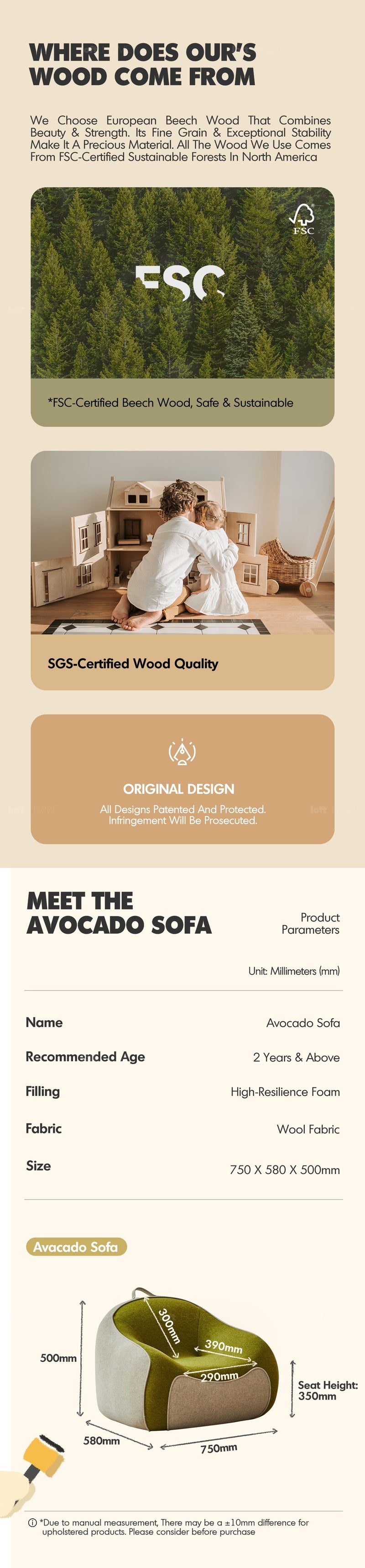 Bauhaus Wool Fabric Kids 1 Seater Sofa AVOCADO More Details and Instruction_5