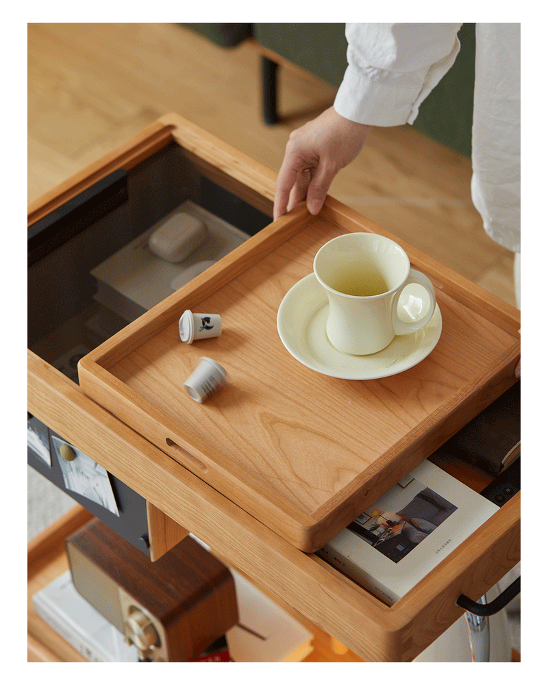 Scandinavian Cherry Wood Wheeled Trolley Side Table POCKET More Details and Instruction_4