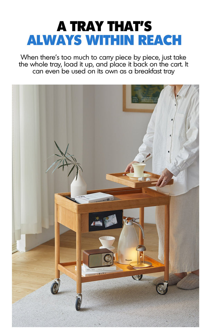 Scandinavian Cherry Wood Wheeled Trolley Side Table POCKET More Details and Instruction_2