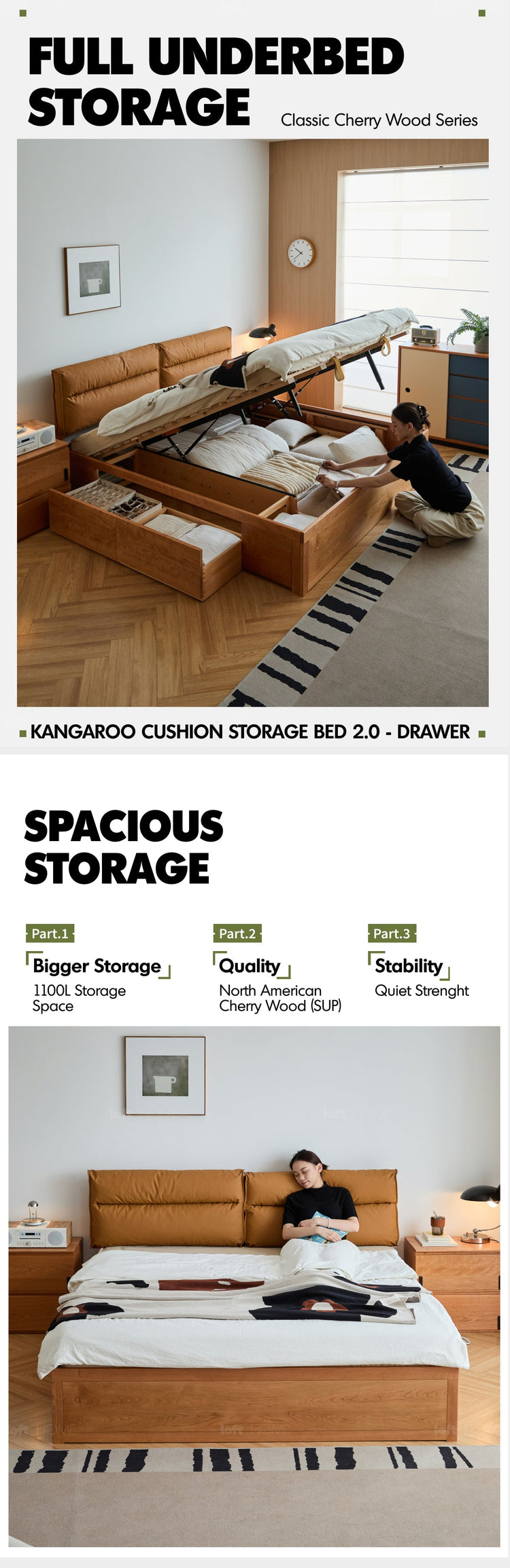 Scandinavian Cherry Wood Cushion Lift-Up Storage Bed With Drawer KANGAROO Good to Know Preview-1