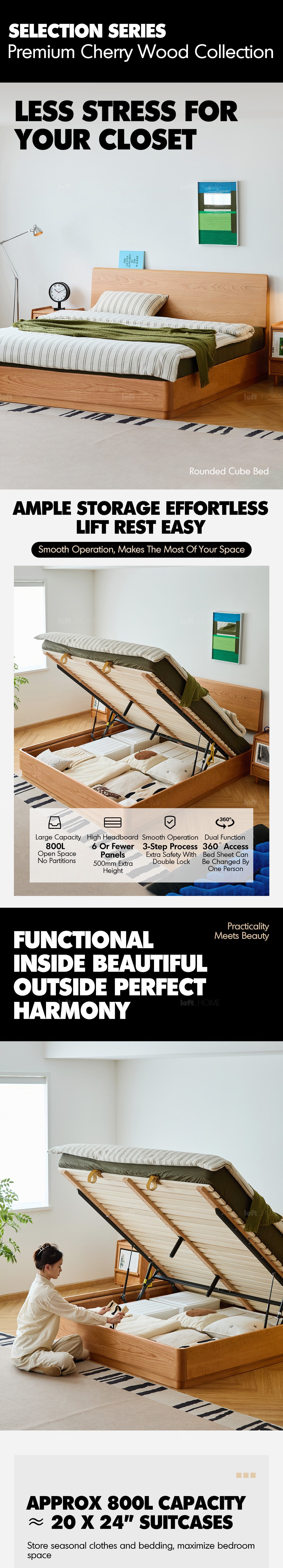 Scandinavian Cherry Wood Lift-Up Storage Bed SQUARE BOX More Details and Instruction