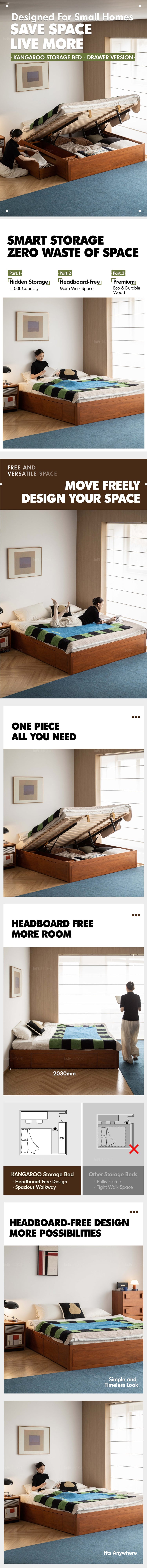 Vintage Boxwood Lift-Up Storage Platform Bed With Drawer KANGAROO Good to Know Preview-1