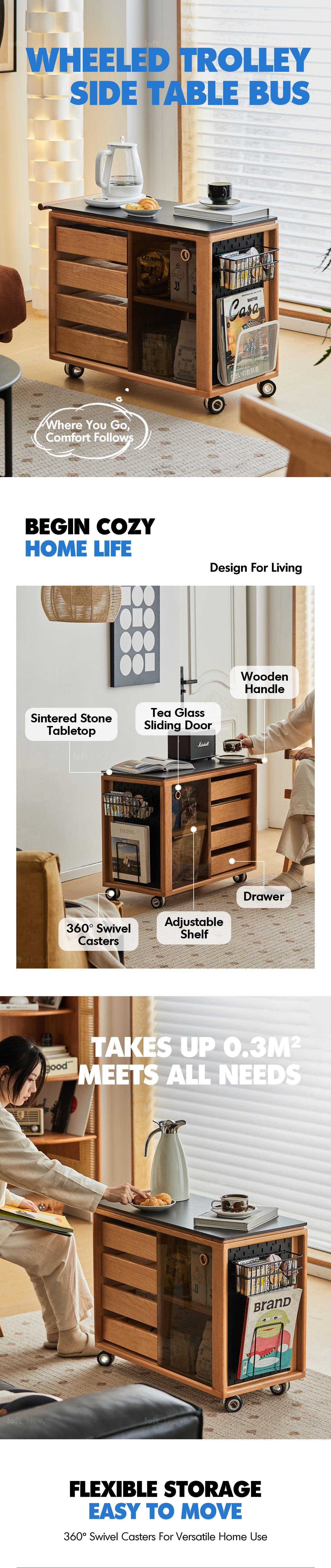 Scandinavian Cherry Wood Wheeled Trolley Side Table BUS More Details and Instruction