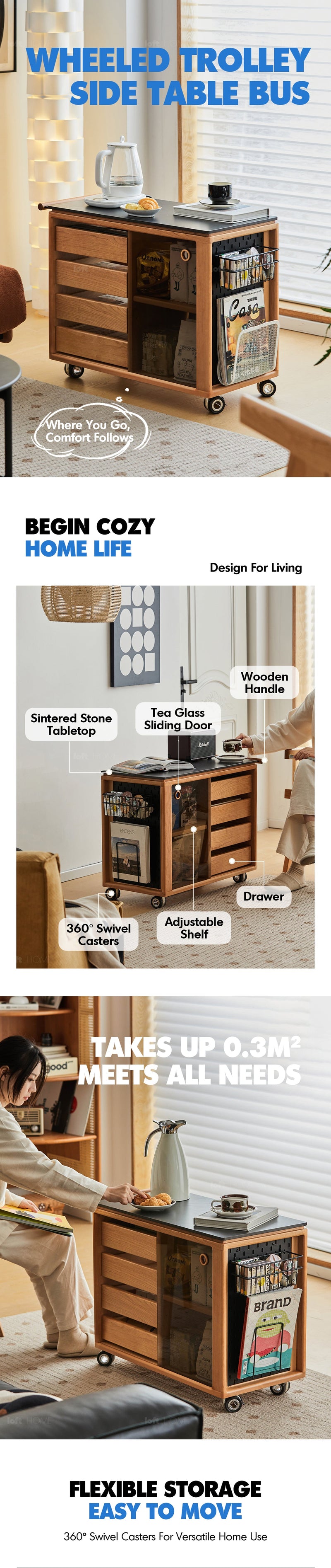 Scandinavian Cherry Wood Wheeled Trolley Side Table BUS More Details and Instruction