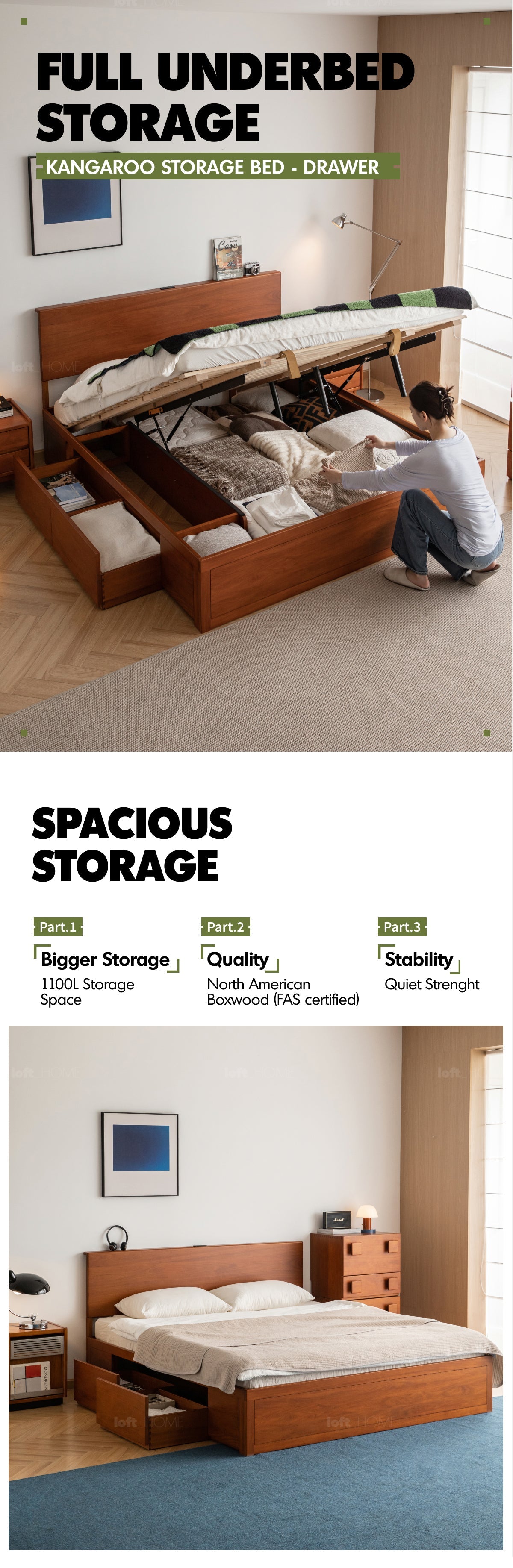 Vintage Boxwood Lift-Up Storage Bed With Drawer KANGAROO More Details and Instruction