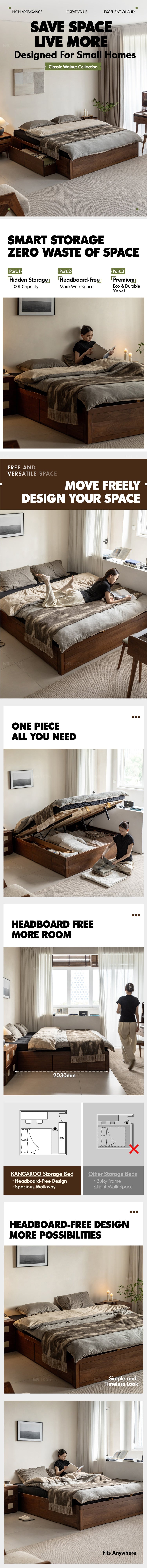 Japandi Walnut Wood Lift-Up Storage Platform Bed With Drawer KANGAROO Good to Know Preview-1