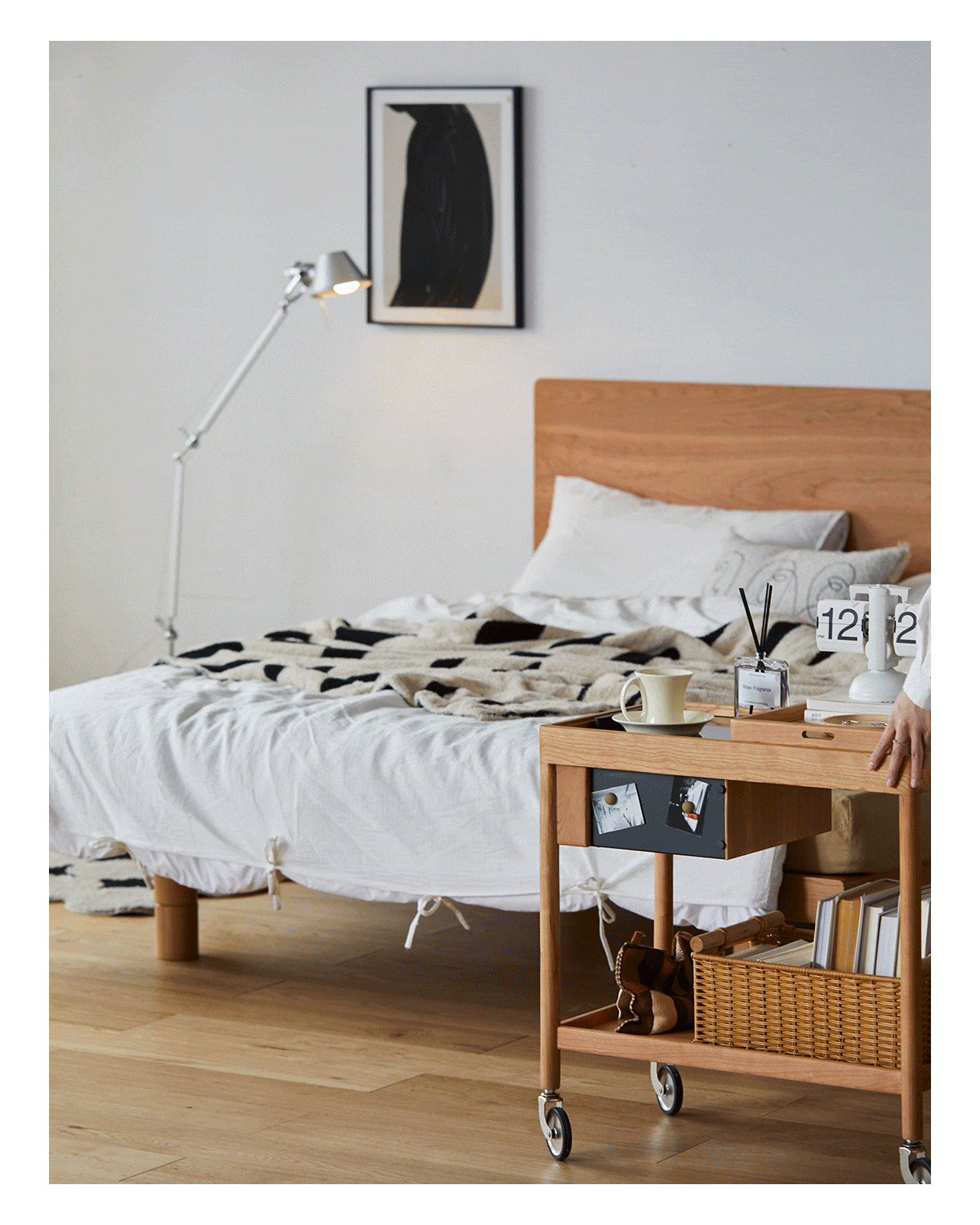 Scandinavian Cherry Wood Wheeled Trolley Side Table POCKET More Details and Instruction_9