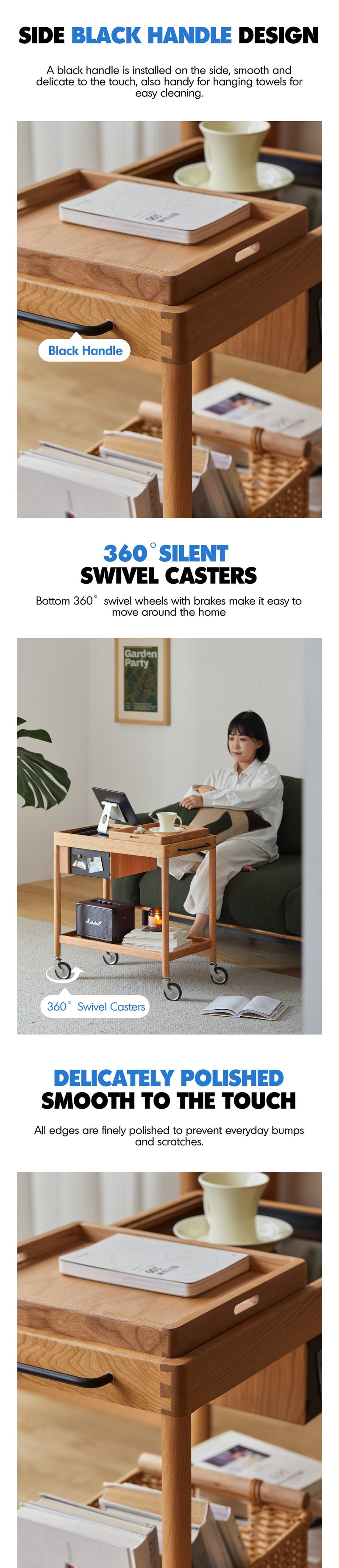 Scandinavian Cherry Wood Wheeled Trolley Side Table POCKET More Details and Instruction_10