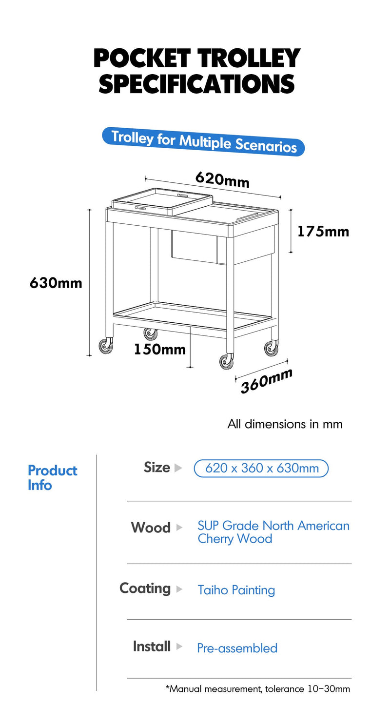 Scandinavian Cherry Wood Wheeled Trolley Side Table POCKET More Details and Instruction_11