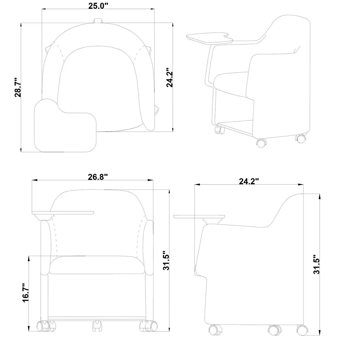 Modern Fabric Training Office Chair With Writing Board CACTUS Size Chart