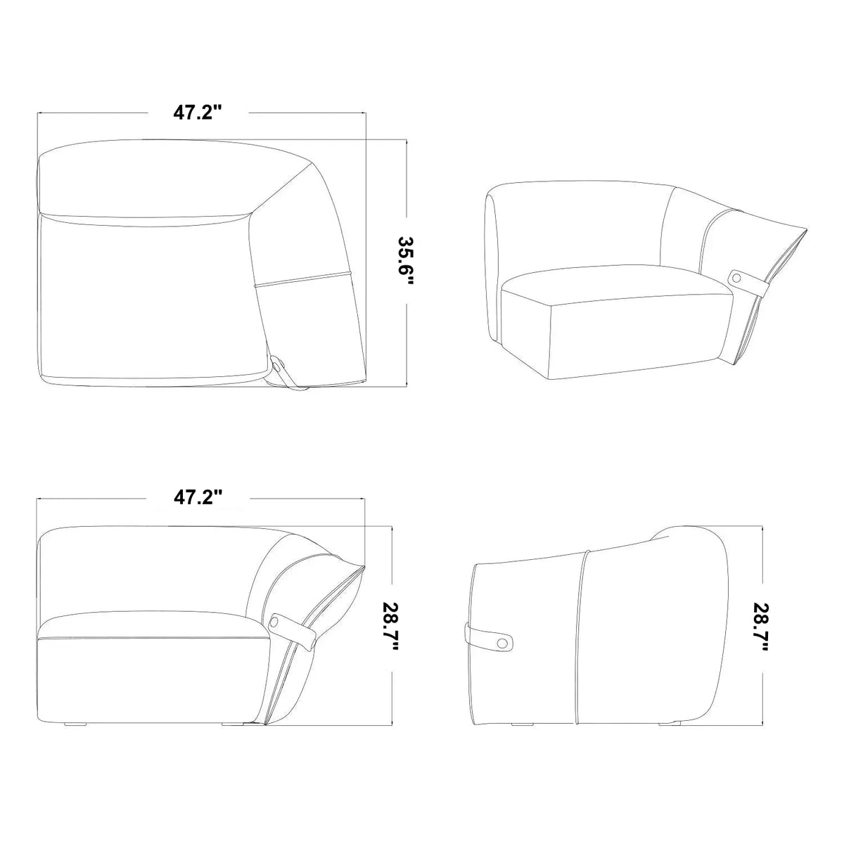 Modern Mixed Weave Fabric Modular Corner 1 Seater Sofa PETALS Size Chart