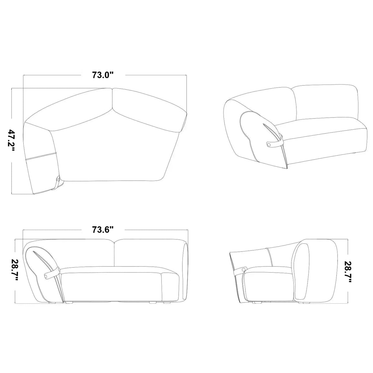 Modern Mixed Weave Fabric Modular Corner 2 Seater Sofa PETALS Size Chart