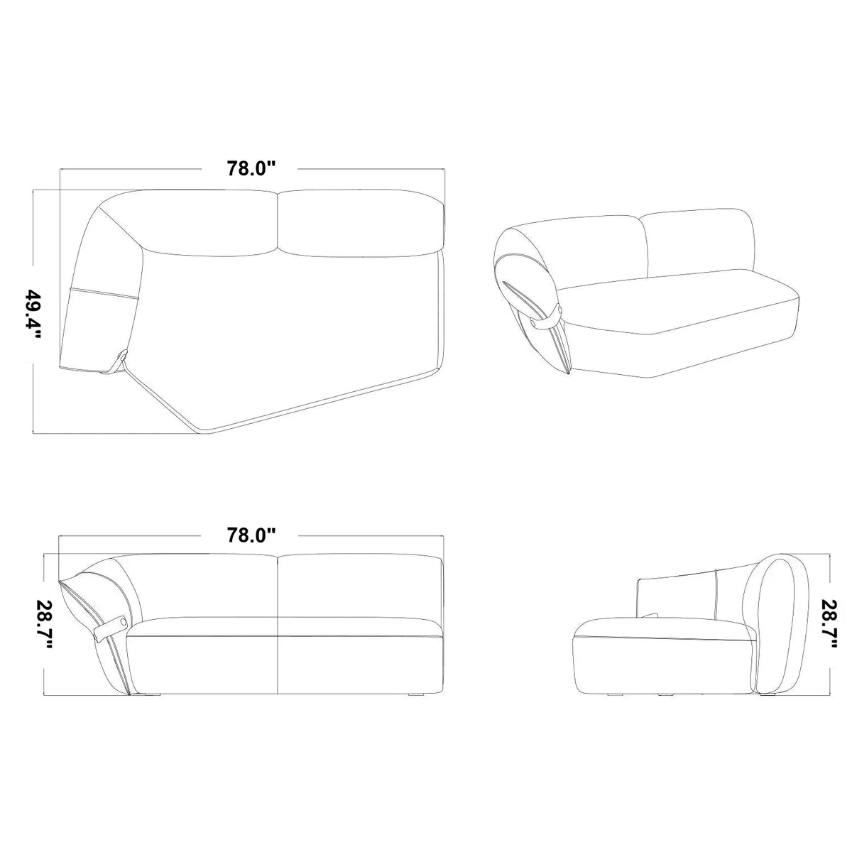 Modern Mixed Weave Fabric Modular Chaise Sofa PETALS Size Chart