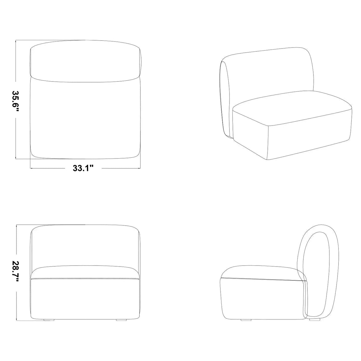 Modern Mixed Weave Fabric Modular Armless 1 Seater Sofa PETALS Size Chart
