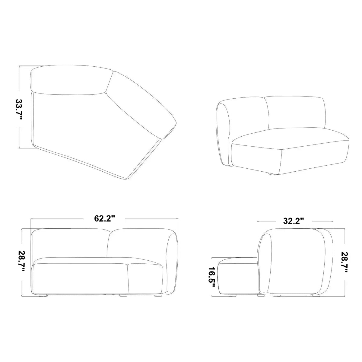 Modern Mixed Weave Fabric Modular Armless 2 Seater Sofa PETALS Size Chart
