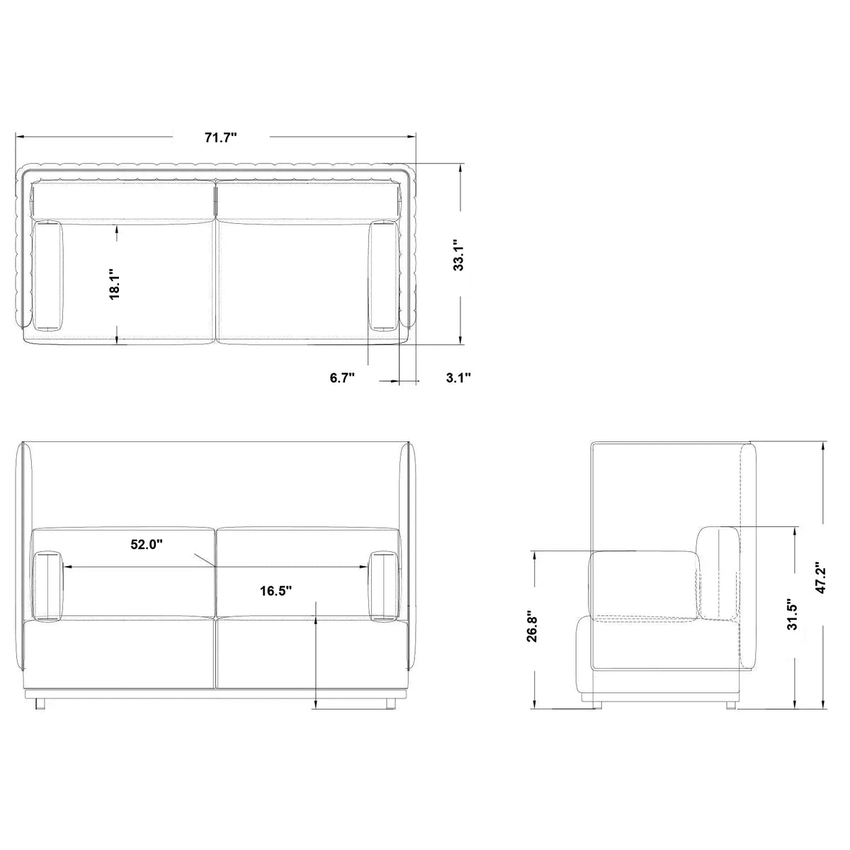 Minimalist Mixed Weave Fabric 2 Seater Sofa MULTI Size Chart