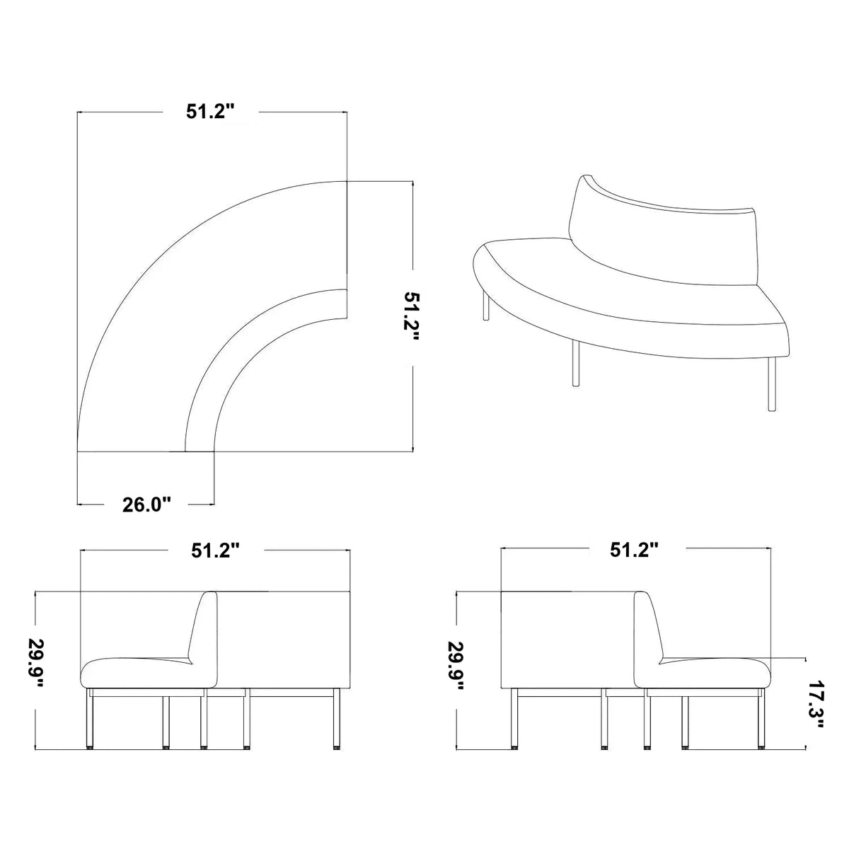 Minimalist Mixed Weave Fabric Round 2 Seater Sofa SANTO Size Chart