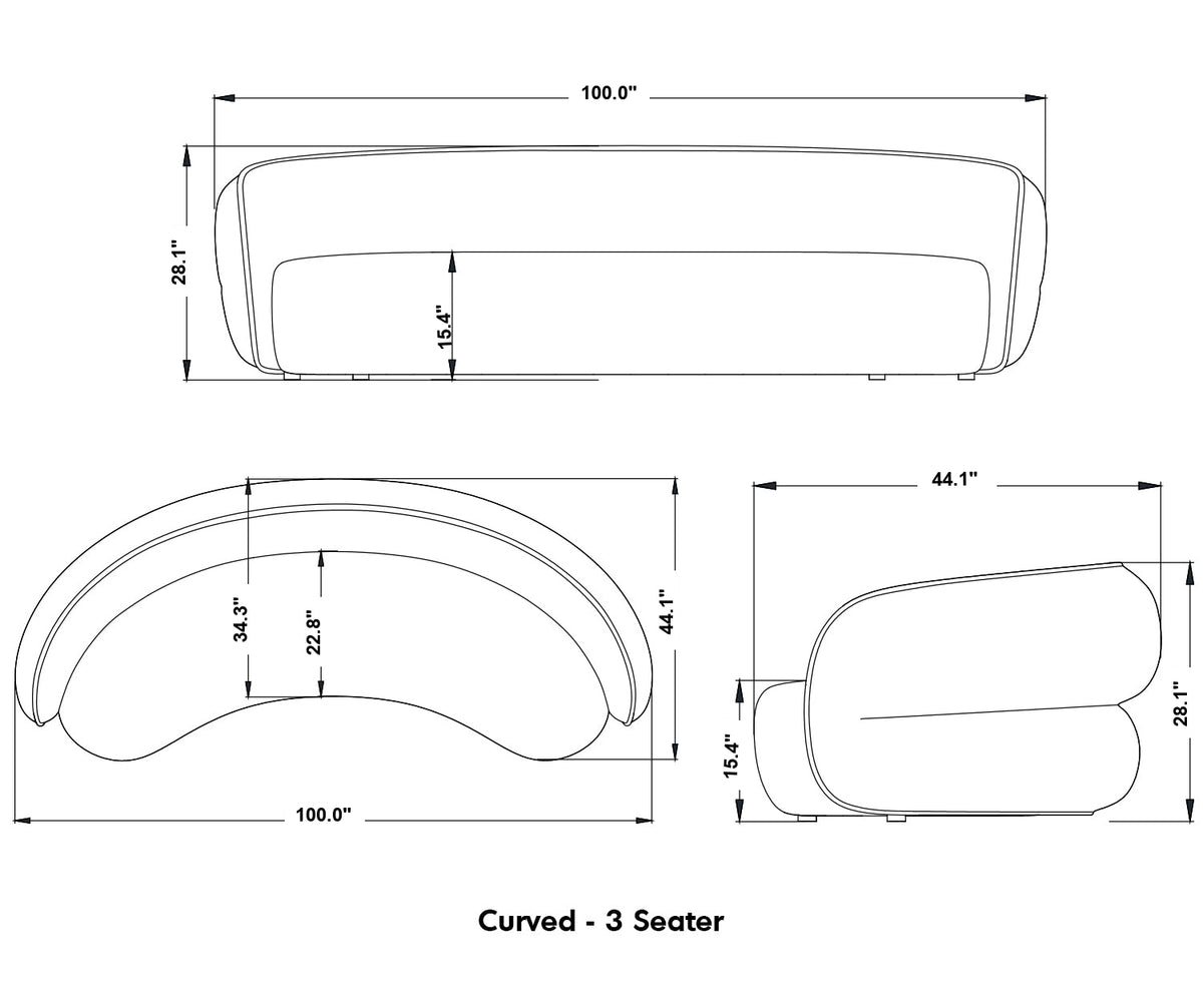 Minimalist Fabric Curved 4 Seater Sofa POD Size Chart