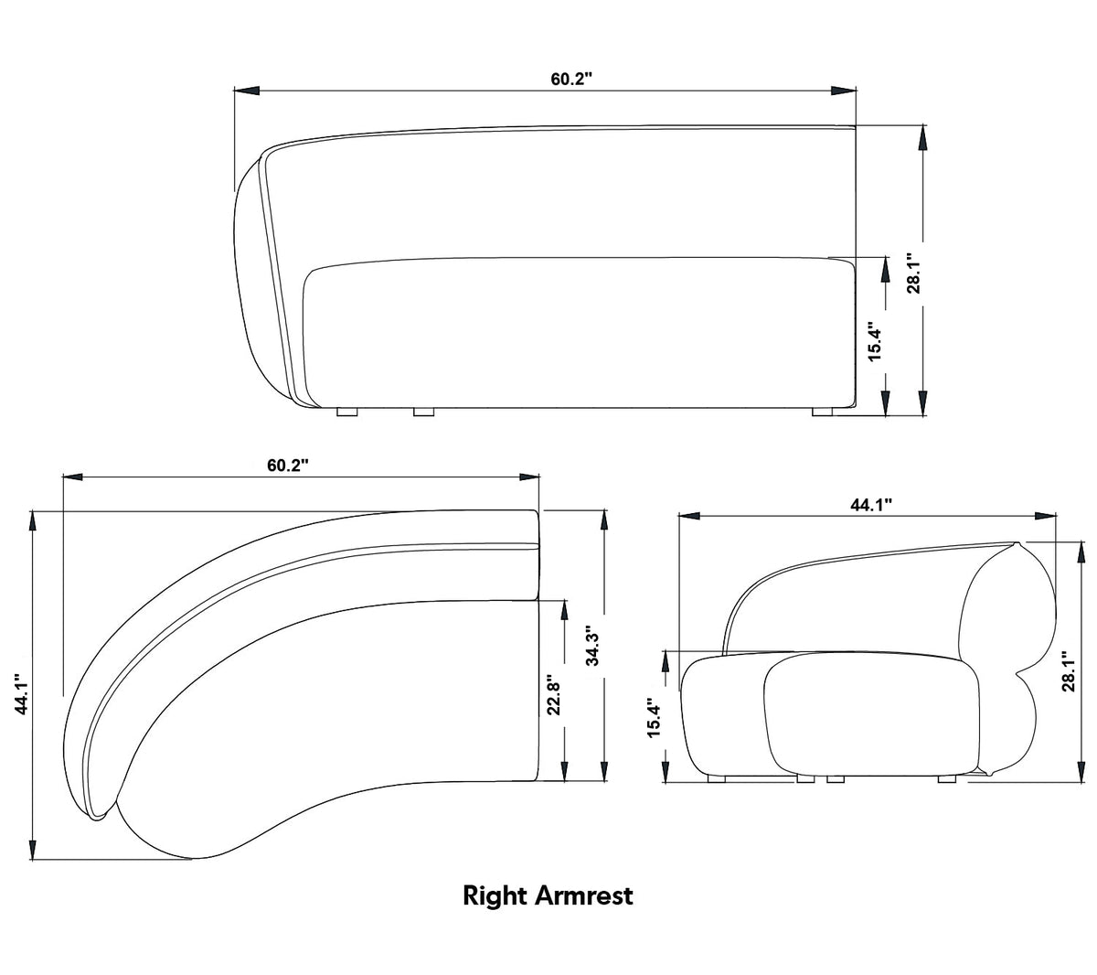 Minimalist Fabric Modular Curved Armrest Corner 2 Seater Sofa POD Size Chart_2