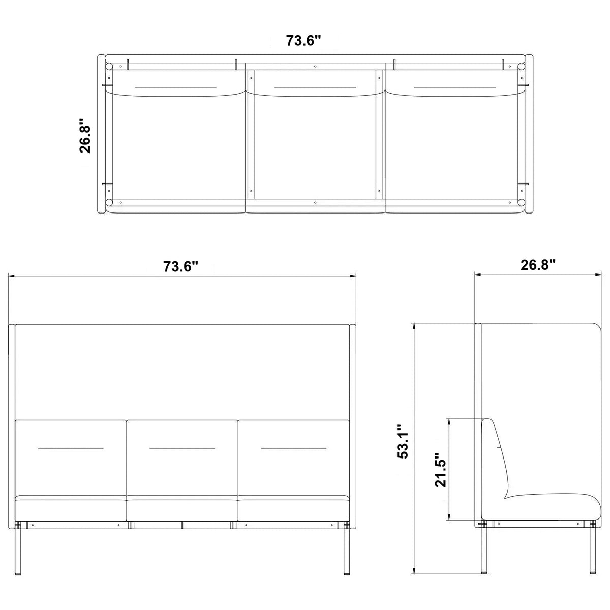 Minimalist Fabric Highback 3 Seater Sofa SANTO Size Chart
