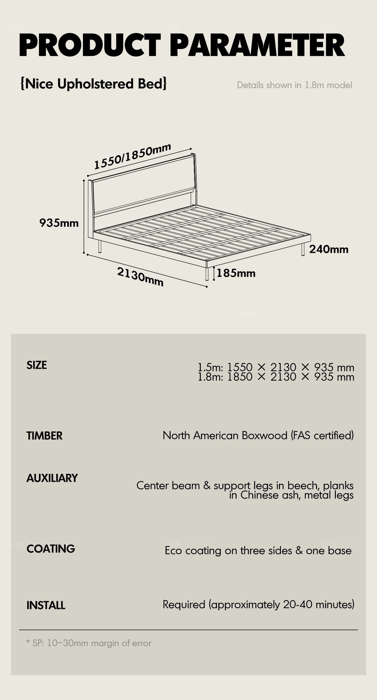 Bauhaus Mixed Weave Fabric Boxwood Bed Frame NICE More Details and Instruction_7