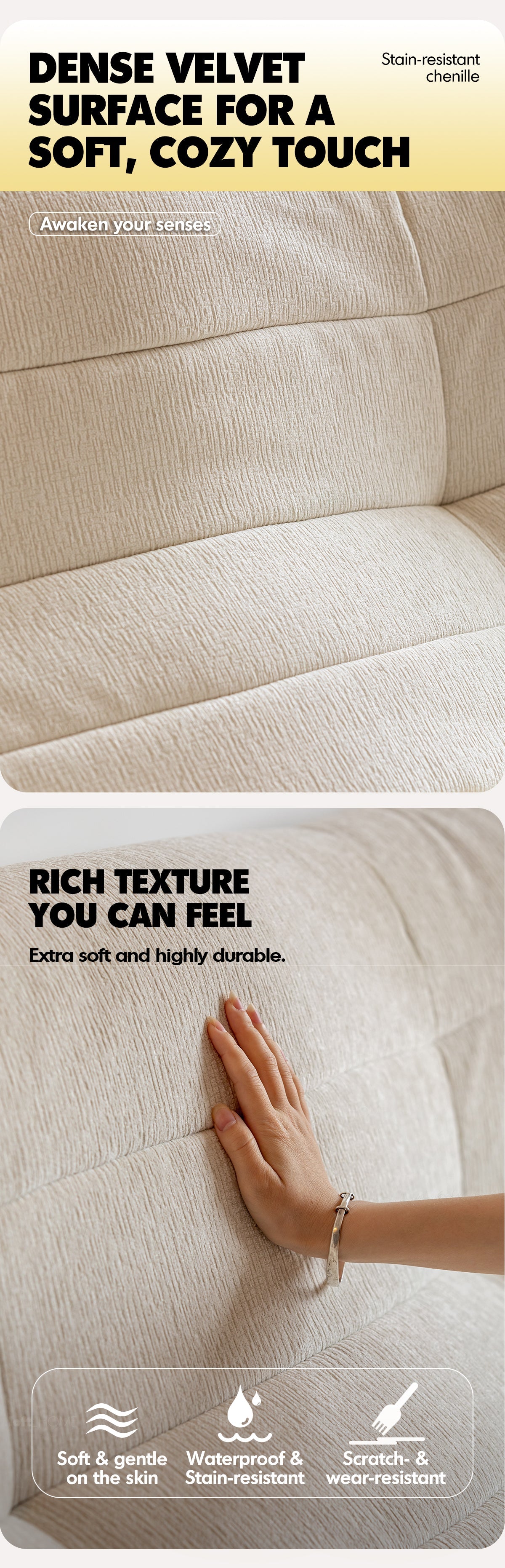 Cream Chenille Velvet Fabric 2 Seater Sofa CURLY More Details and Instruction_4