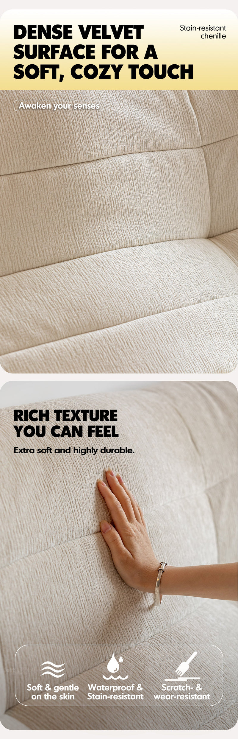 Cream Chenille Velvet Fabric 2 Seater Sofa CURLY More Details and Instruction_4