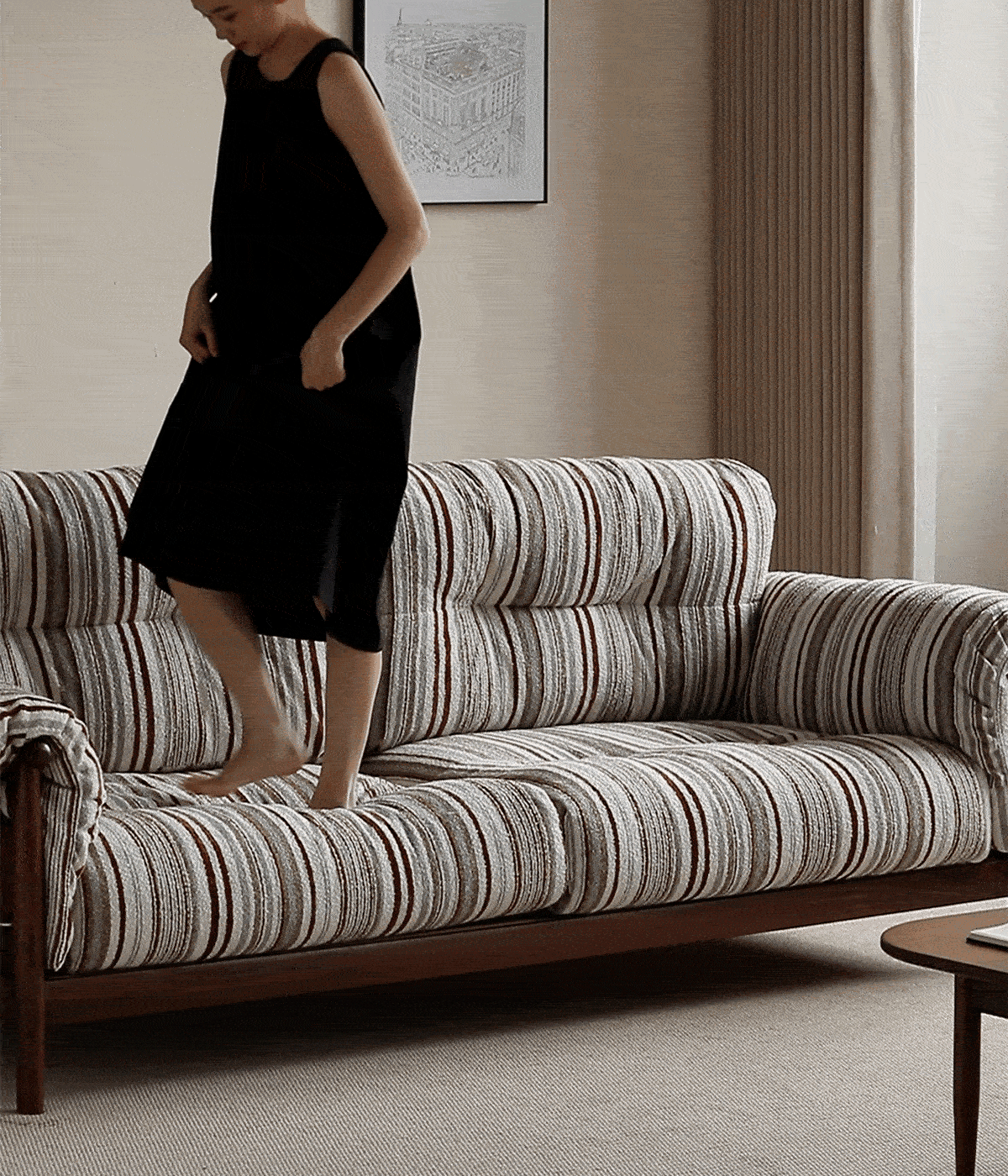 Japandi Chenille Velvet Fabric Walnut Wood 3 Seater Sofa Sofa OPEN BACKED More Details and Instruction_4