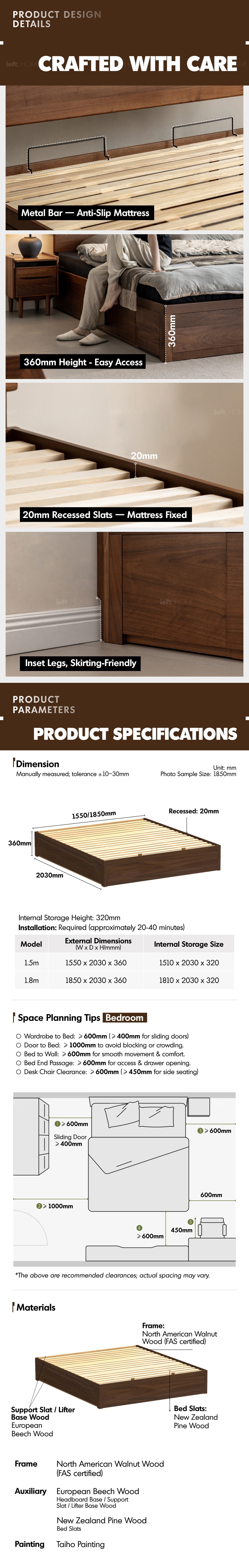 Japandi Walnut Wood Lift-Up Storage Platform Bed With Drawer KANGAROO More Details and Instruction_6